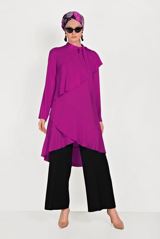 Tesettür giyim  ALVİNA BOYUNDAN BAĞLAMALI ASİMETRİK TUNİK 40447  - TRENDTESETTÜR