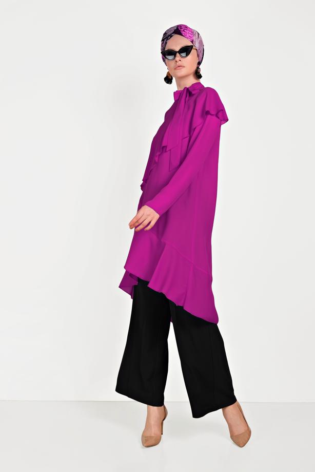 Tesettür giyim  ALVİNA BOYUNDAN BAĞLAMALI ASİMETRİK TUNİK 40447  - TRENDTESETTÜR