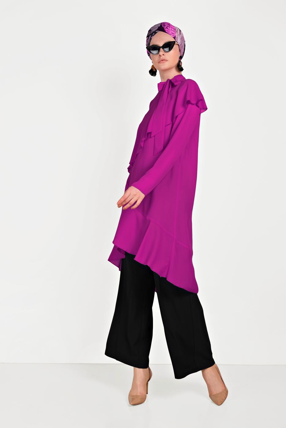 Tesettür giyim MOR ALVİNA BOYUNDAN BAĞLAMALI ASİMETRİK TUNİK 40447 