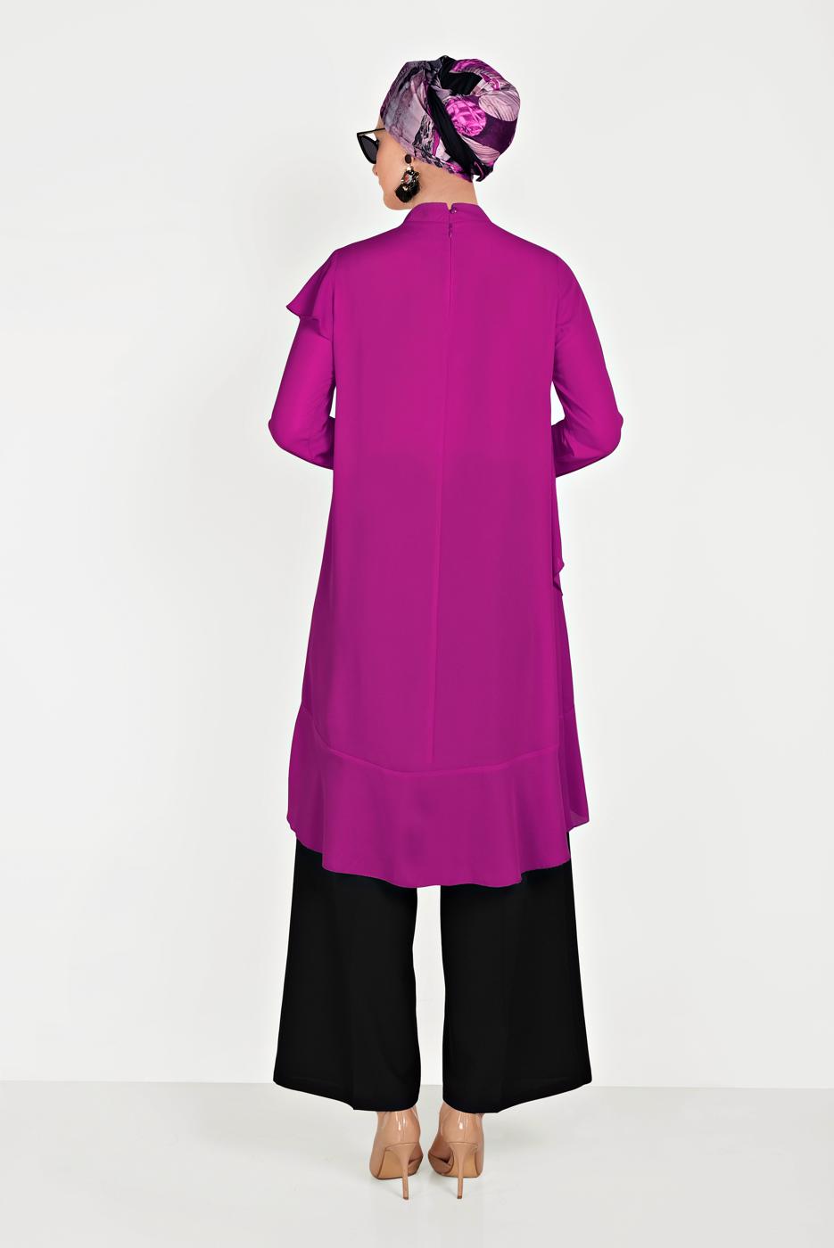 Tesettür giyim MOR ALVİNA BOYUNDAN BAĞLAMALI ASİMETRİK TUNİK 40447 