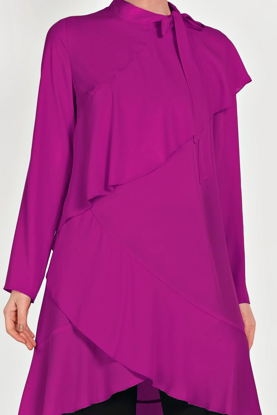 Tesettür giyim MOR ALVİNA BOYUNDAN BAĞLAMALI ASİMETRİK TUNİK 40447 