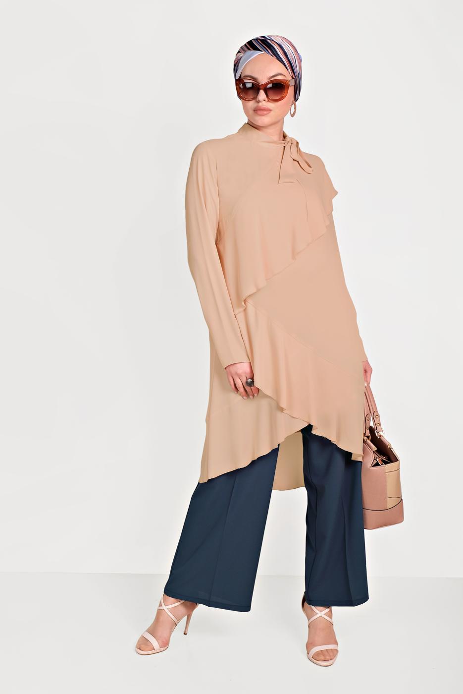 Tesettür giyim PUDRA ALVİNA BOYUNDAN BAĞLAMALI ASİMETRİK TUNİK 40447 