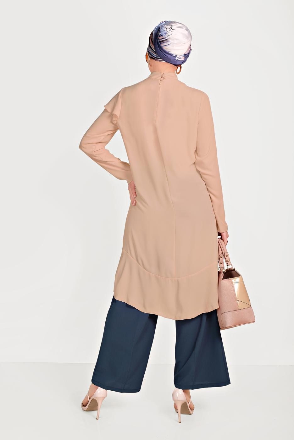 Tesettür giyim PUDRA ALVİNA BOYUNDAN BAĞLAMALI ASİMETRİK TUNİK 40447 