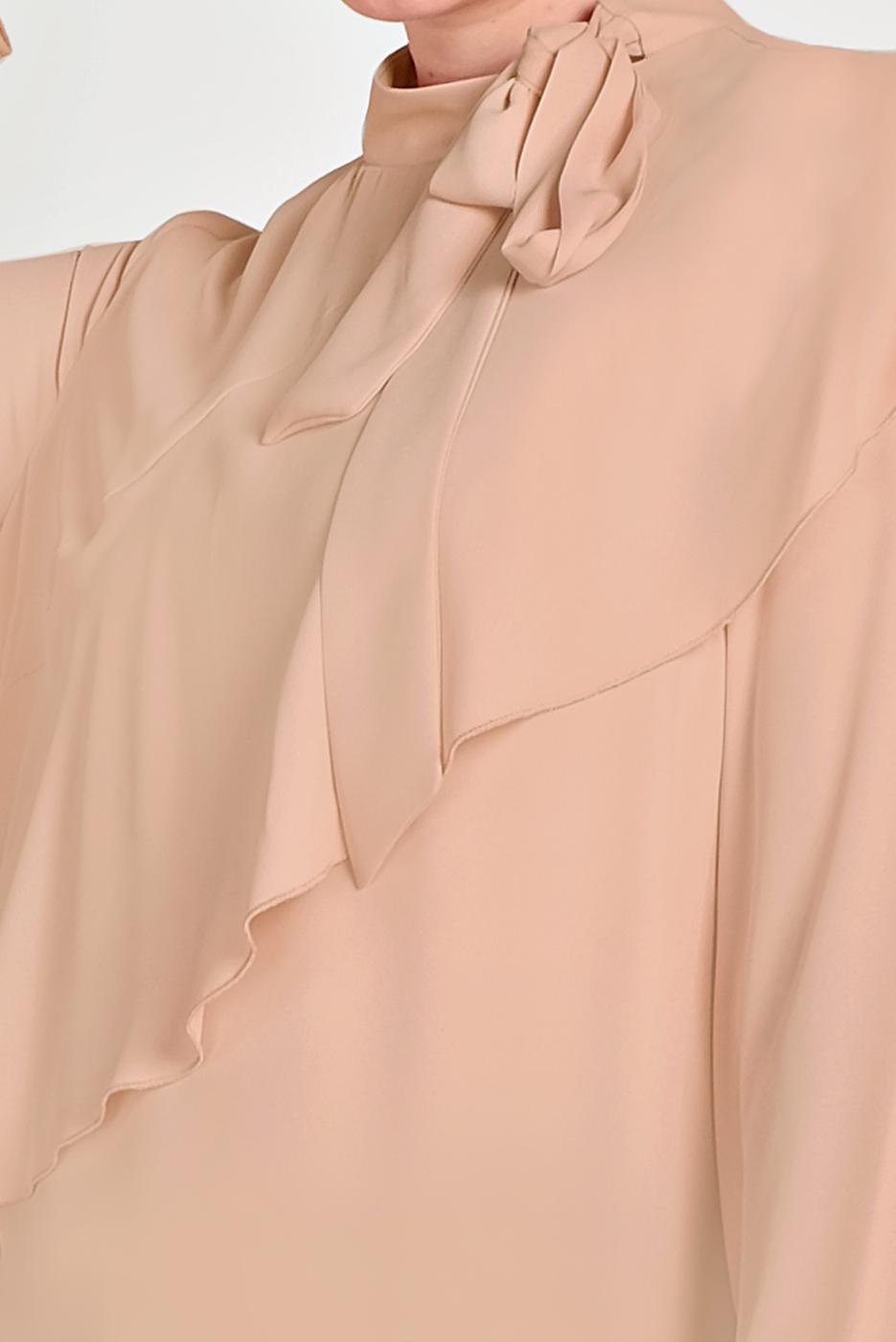 Tesettür giyim PUDRA ALVİNA BOYUNDAN BAĞLAMALI ASİMETRİK TUNİK 40447 