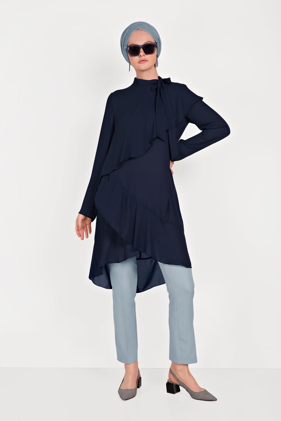 Tesettür giyim LACİVERT ALVİNA BOYUNDAN BAĞLAMALI ASİMETRİK TUNİK 40447 