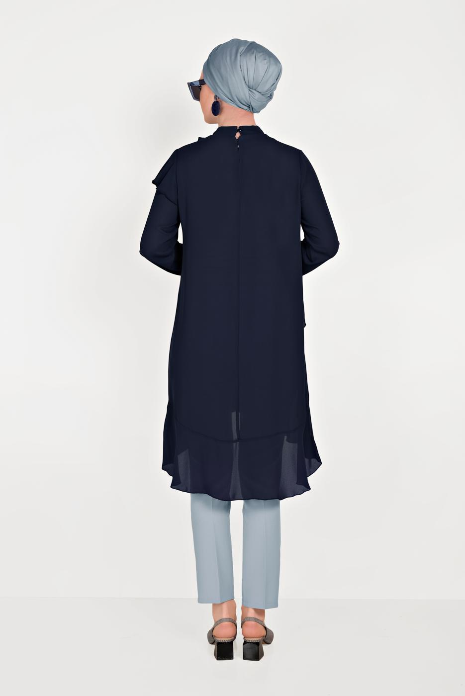 Tesettür giyim LACİVERT ALVİNA BOYUNDAN BAĞLAMALI ASİMETRİK TUNİK 40447 