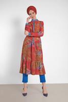 Tesettür giyim KIRMIZI ALVİNA BEL BÜZGÜLÜ DESENLİ TUNİK 4052