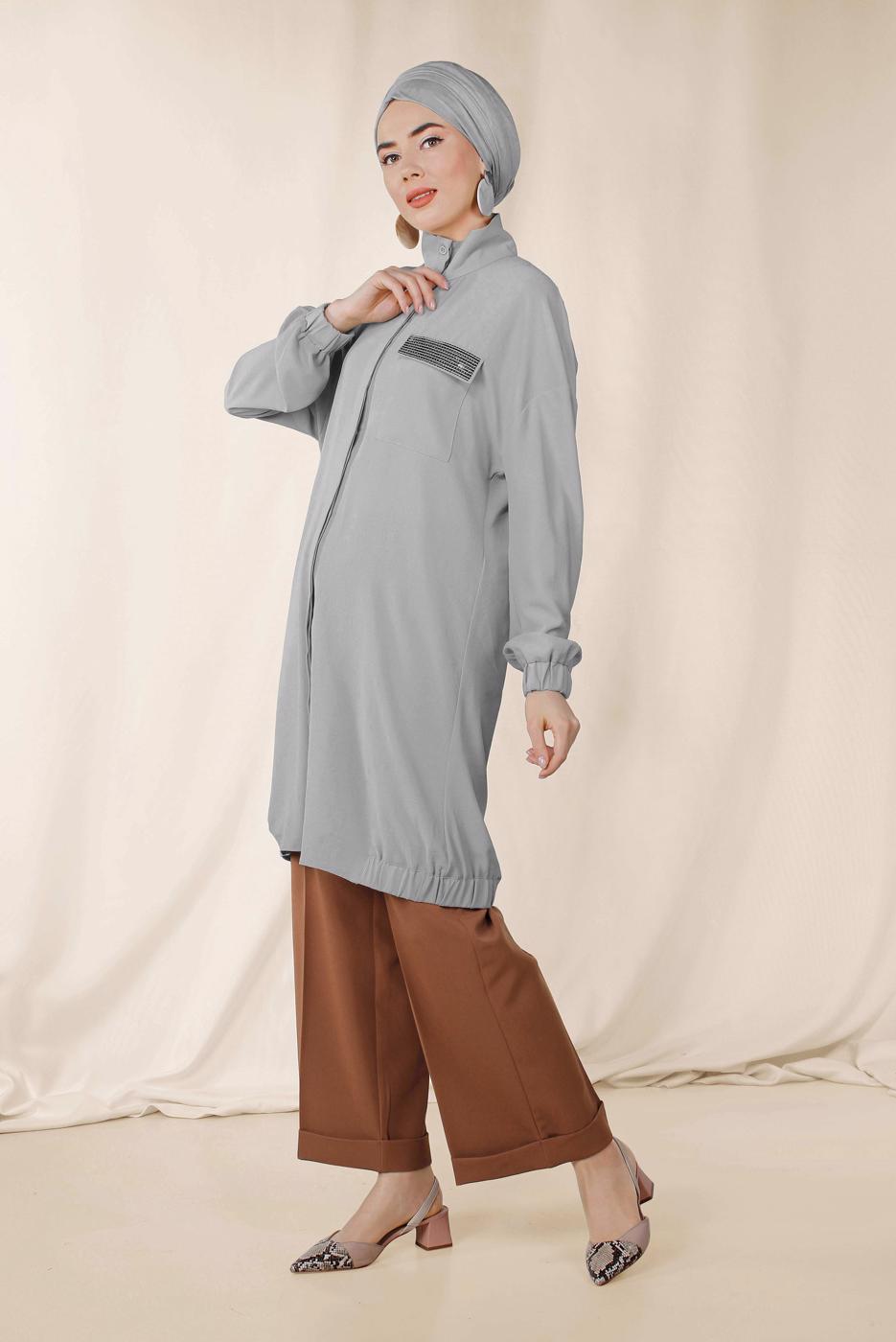 Tesettür giyim GRİ ALVİNA CEP DETAYLI TUNİK 4053