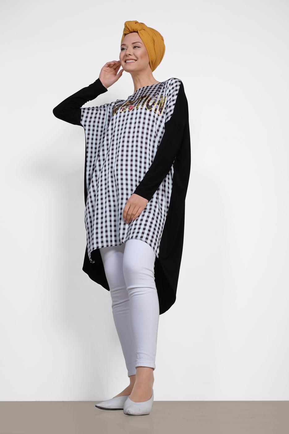 Tesettür giyim SİYAH ALVİNA KARELİ YAZI BASKILI TUNİK 4059