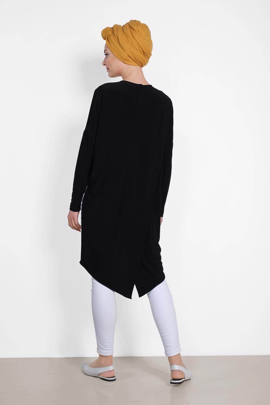 Tesettür giyim SİYAH ALVİNA KARELİ YAZI BASKILI TUNİK 4059