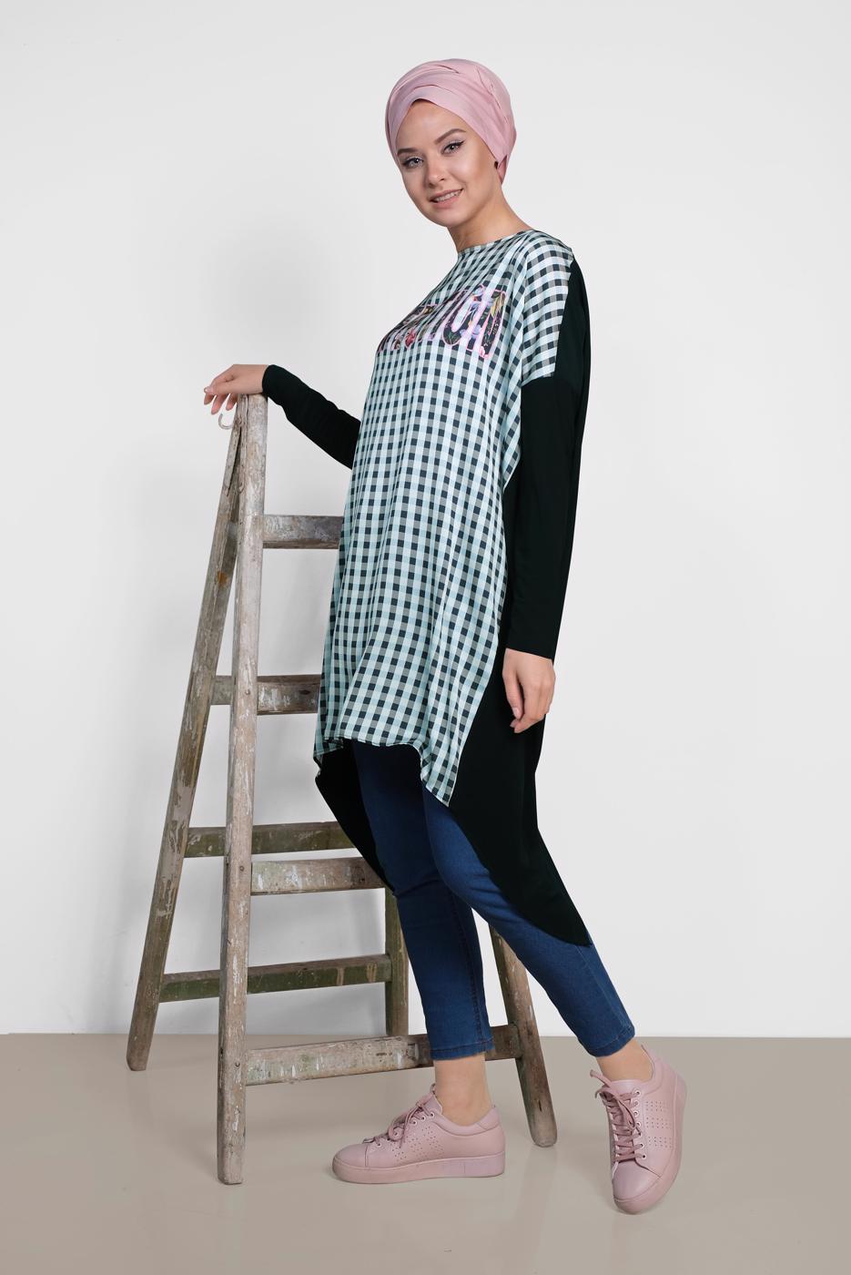 Tesettür giyim LACİVERT ALVİNA KARELİ YAZI BASKILI TUNİK 4059