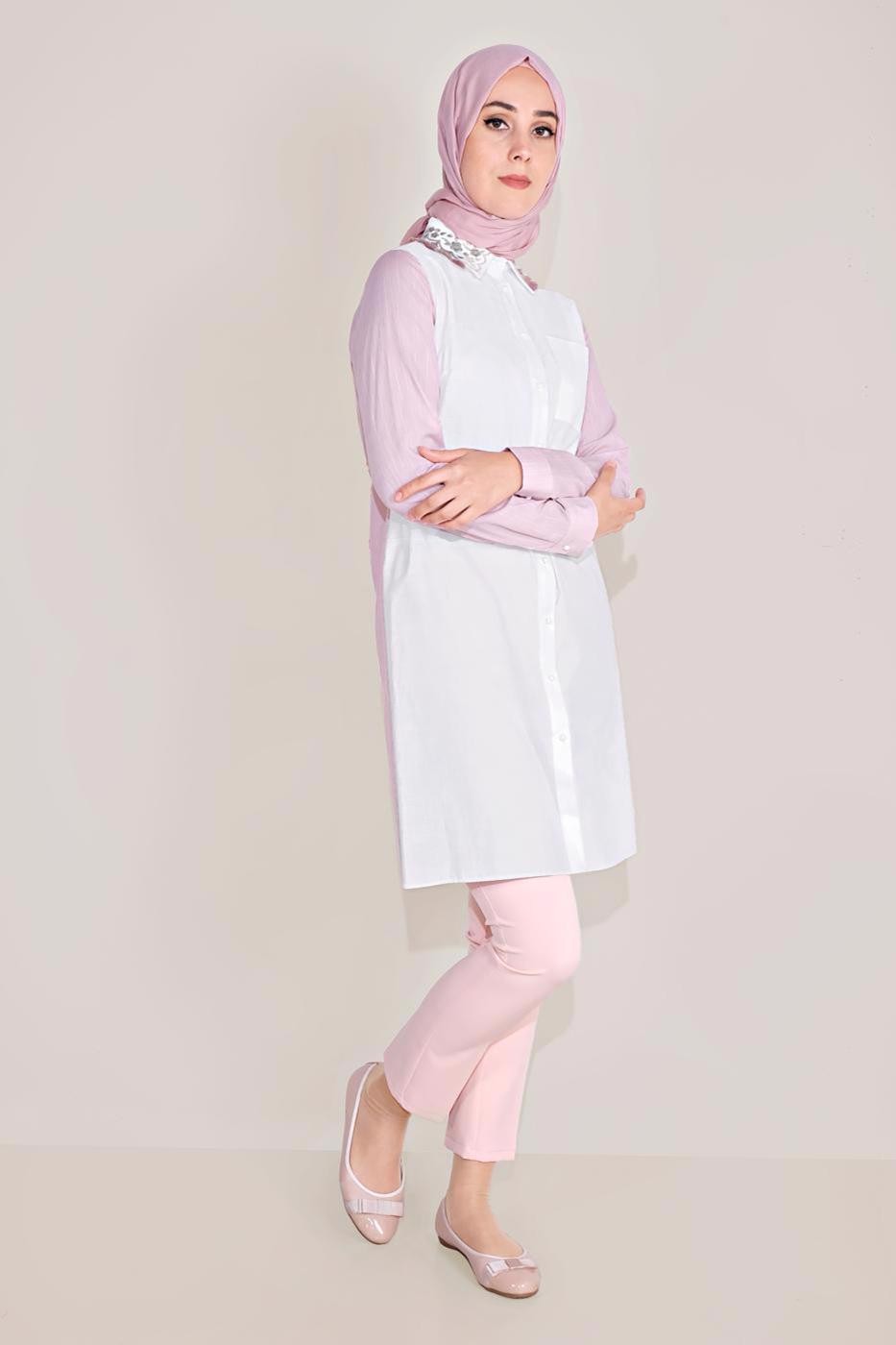 Tesettür giyim PUDRA ALVİNA PAMUKLU NAKIŞLI YAKA TUNİK T 40596