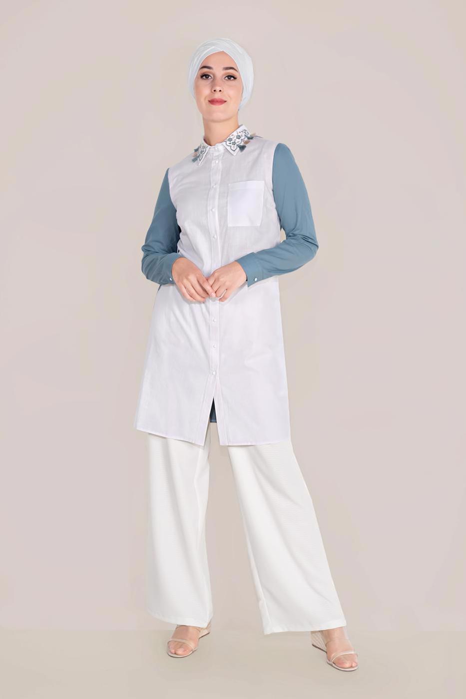 Tesettür giyim MAVİ ALVİNA PAMUKLU NAKIŞLI YAKA TUNİK T 40596