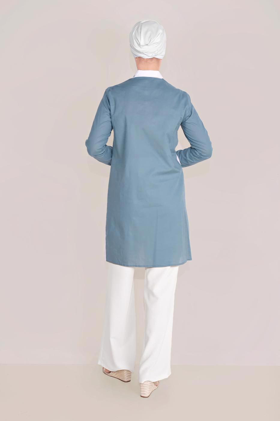 Tesettür giyim MAVİ ALVİNA PAMUKLU NAKIŞLI YAKA TUNİK T 40596