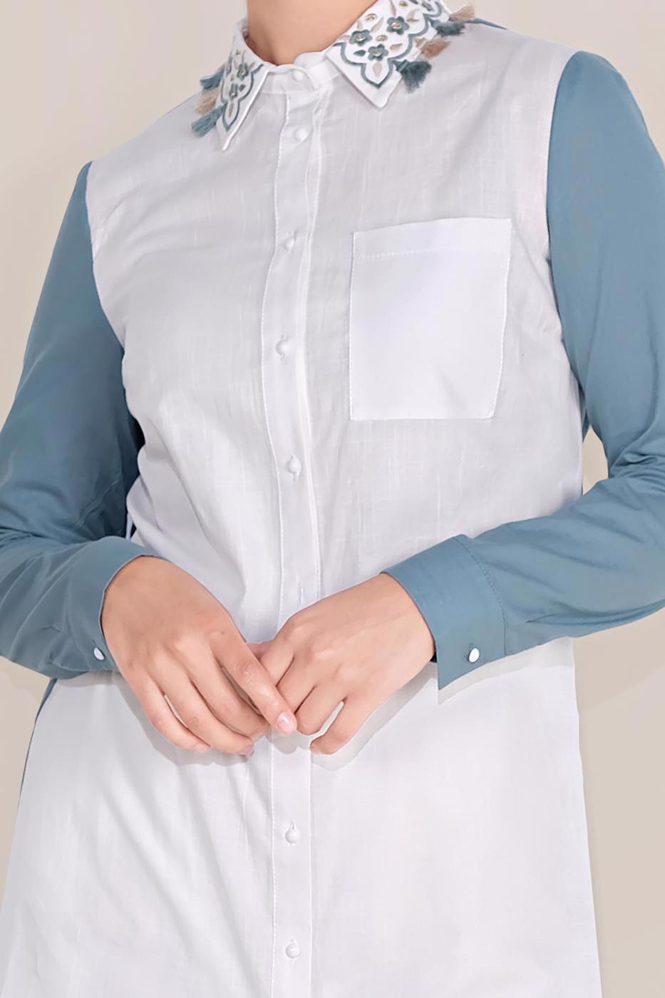 Tesettür giyim MAVİ ALVİNA PAMUKLU NAKIŞLI YAKA TUNİK T 40596