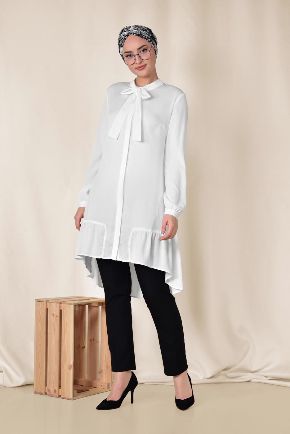 Tesettür giyim KREM ALVİNA ETEK UCU FIRFIRLI TUNİK 4066