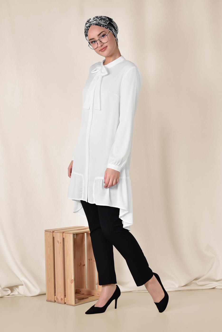 Tesettür giyim KREM ALVİNA ETEK UCU FIRFIRLI TUNİK 4066