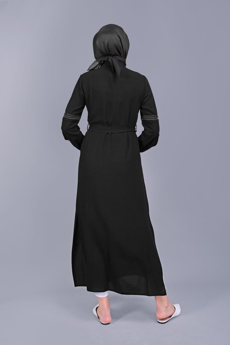 Tesettür giyim SİYAH ALVİNA NAKIŞLI KUŞAKLI TUNİK 40739 