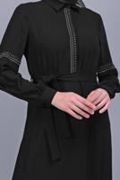 Tesettür giyim SİYAH ALVİNA NAKIŞLI KUŞAKLI TUNİK 40739 