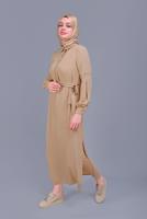 Tesettür giyim BEJ ALVİNA NAKIŞLI KUŞAKLI TUNİK 40739 