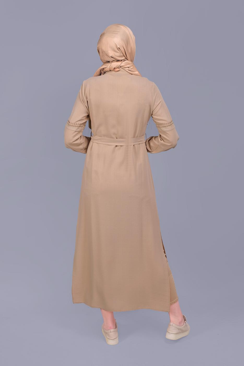 Tesettür giyim BEJ ALVİNA NAKIŞLI KUŞAKLI TUNİK 40739 