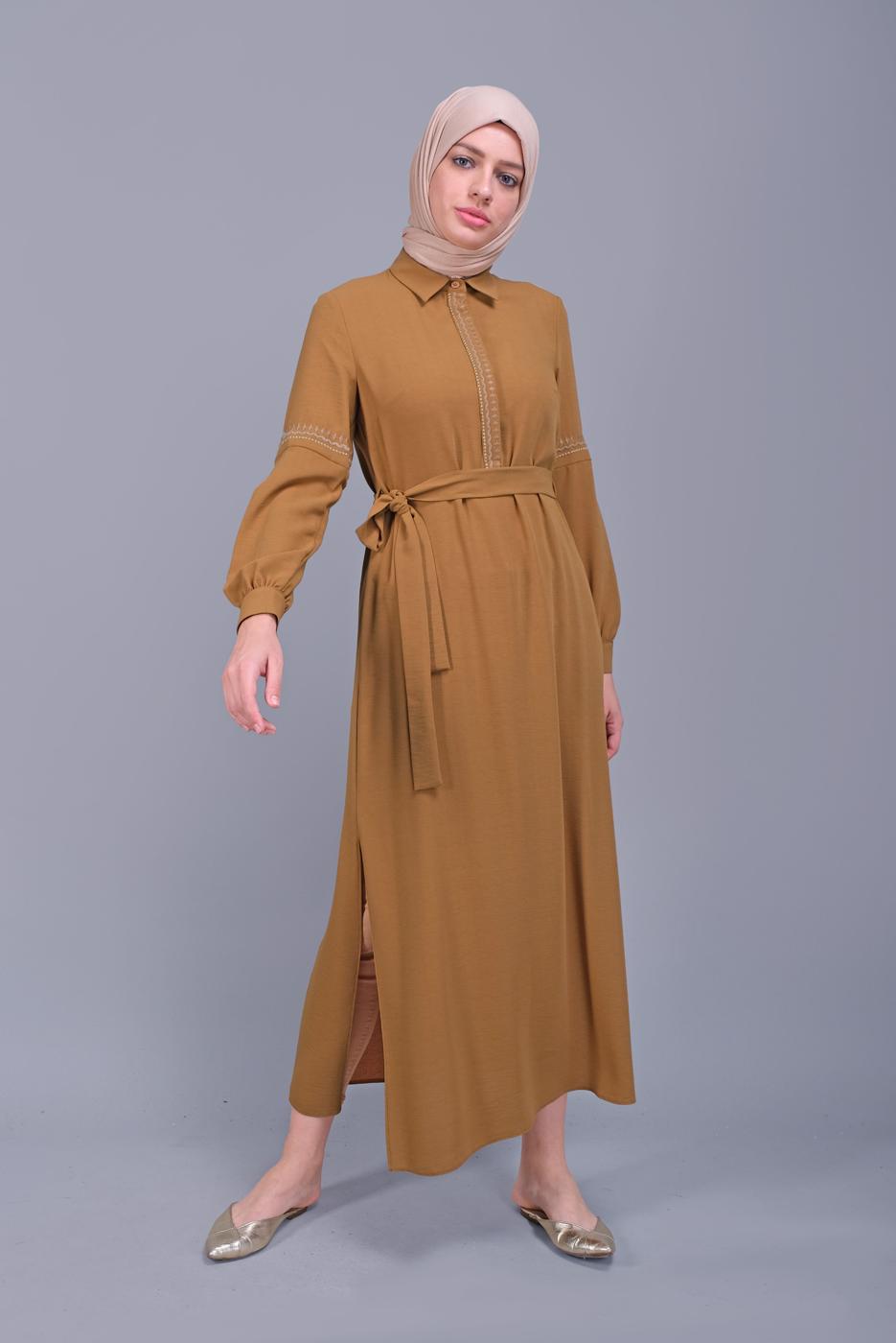 Tesettür giyim TURUNCU ALVİNA NAKIŞLI KUŞAKLI TUNİK 40739 