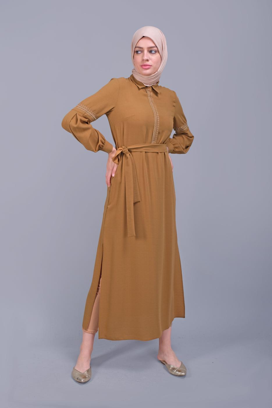 Tesettür giyim TURUNCU ALVİNA NAKIŞLI KUŞAKLI TUNİK 40739 