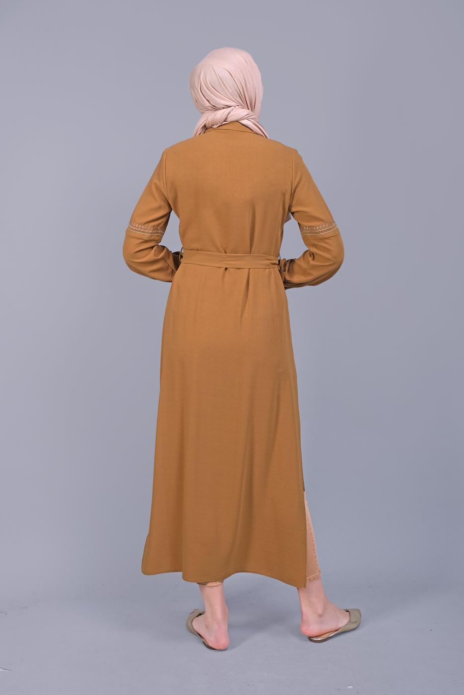 Tesettür giyim TURUNCU ALVİNA NAKIŞLI KUŞAKLI TUNİK 40739 