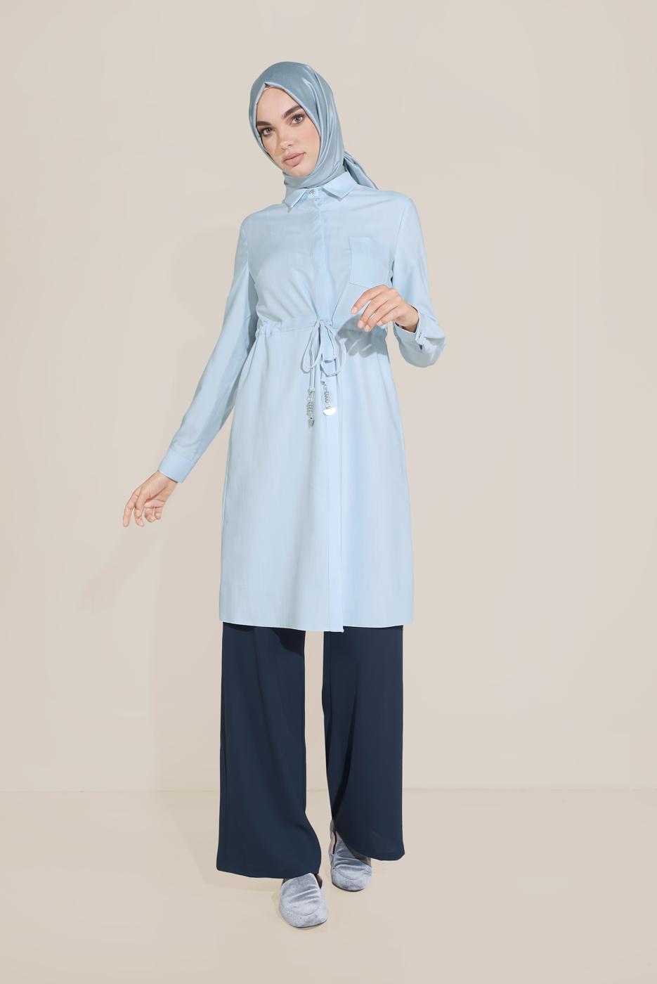 Tesettür giyim MAVİ ALVİNA BELİ BÜZGÜLÜ TUNİK 40746 