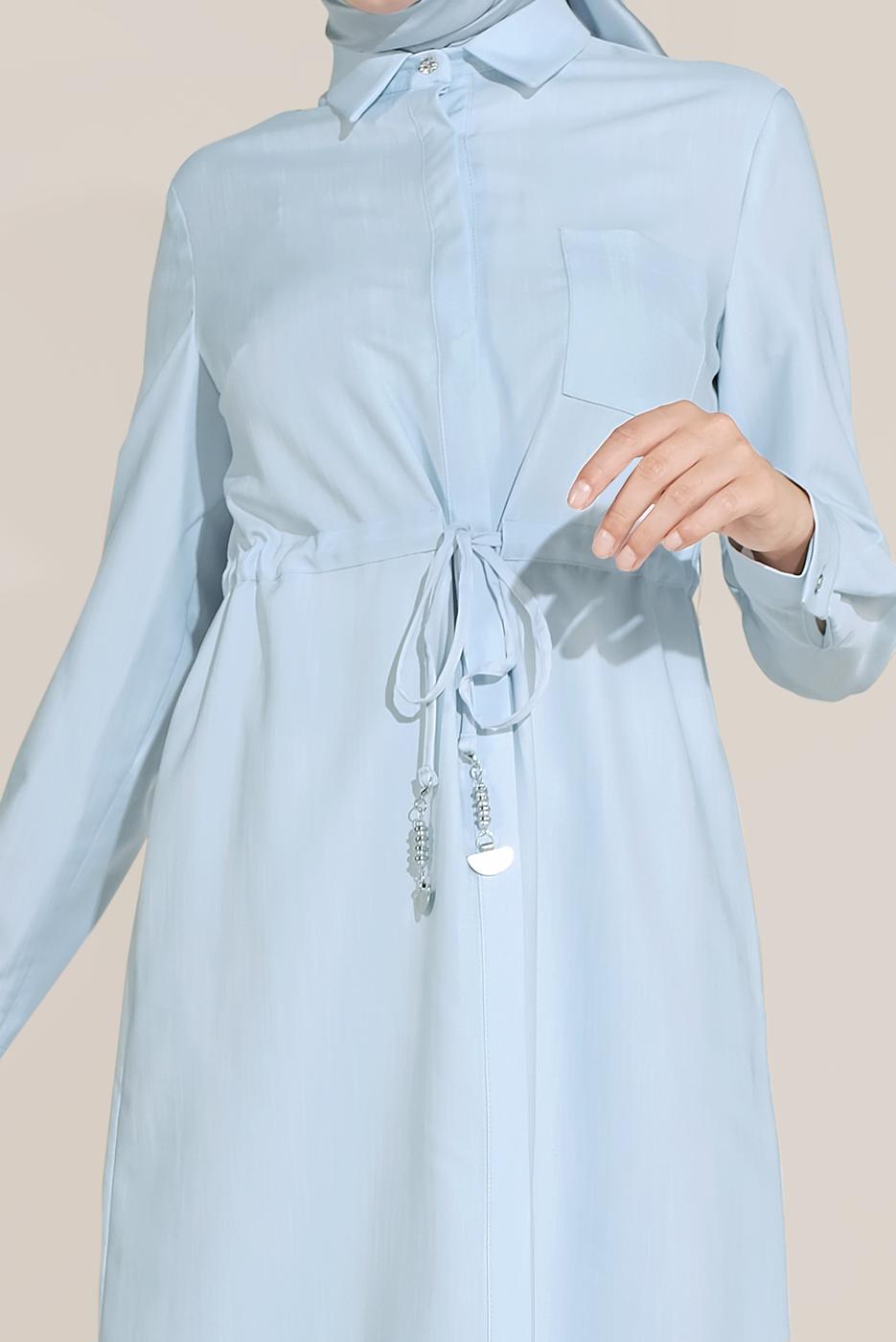 Tesettür giyim MAVİ ALVİNA BELİ BÜZGÜLÜ TUNİK 40746 