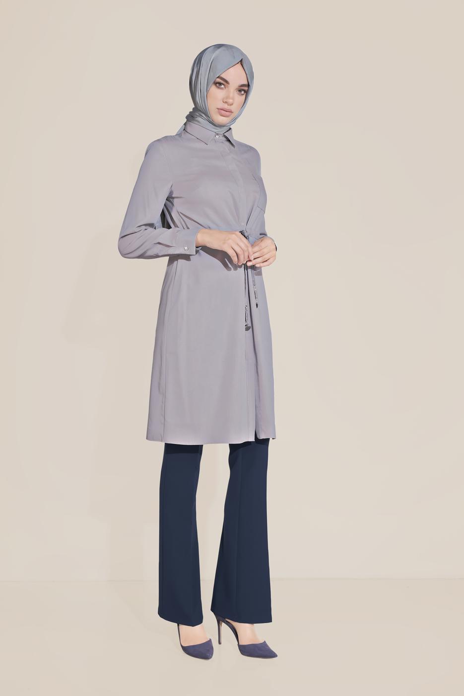 Tesettür giyim GRİ ALVİNA BELİ BÜZGÜLÜ TUNİK 40746 