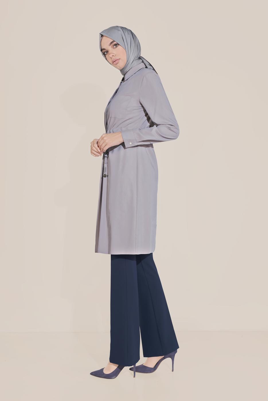 Tesettür giyim GRİ ALVİNA BELİ BÜZGÜLÜ TUNİK 40746 