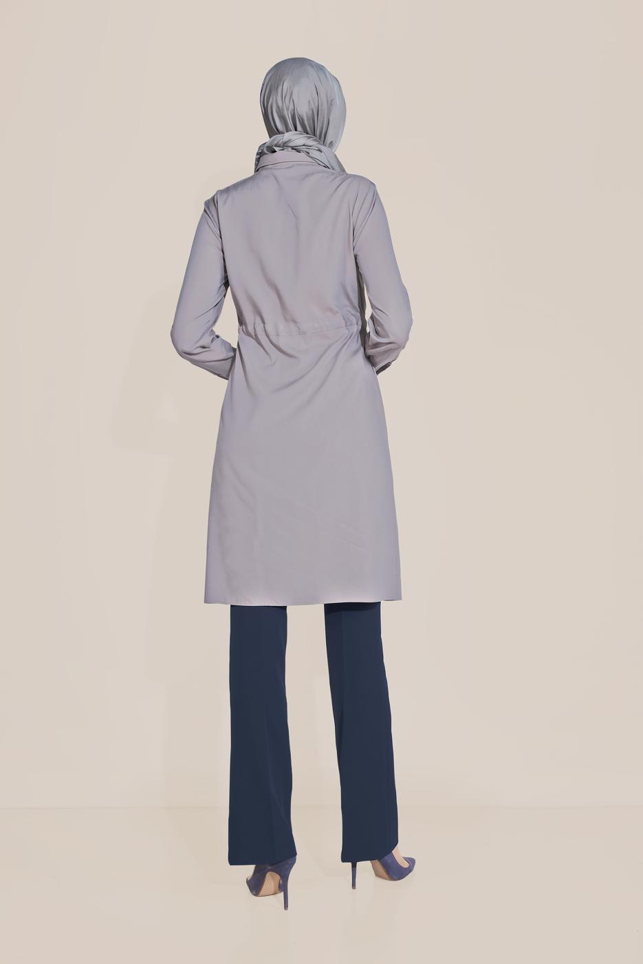 Tesettür giyim GRİ ALVİNA BELİ BÜZGÜLÜ TUNİK 40746 