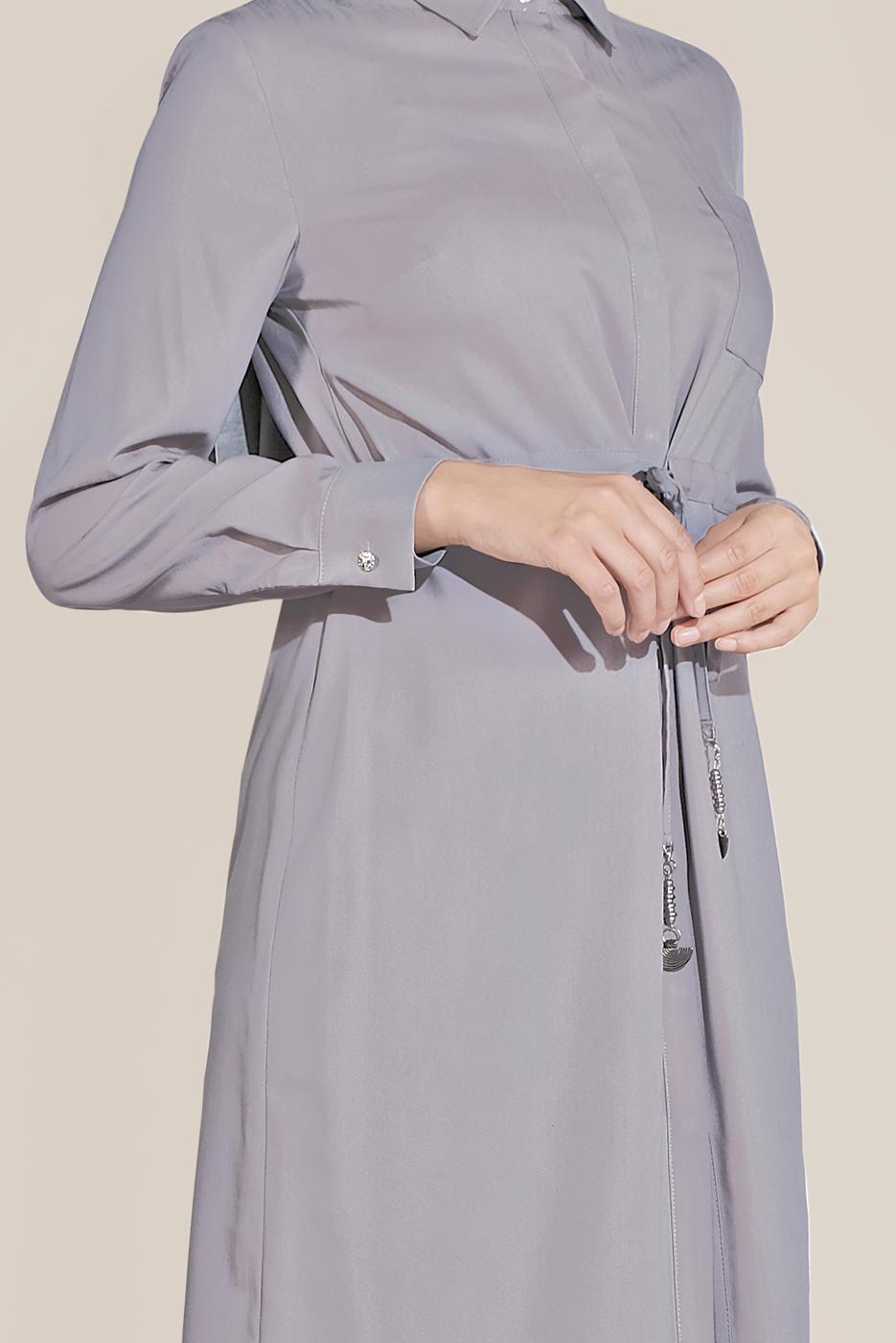 Tesettür giyim GRİ ALVİNA BELİ BÜZGÜLÜ TUNİK 40746 