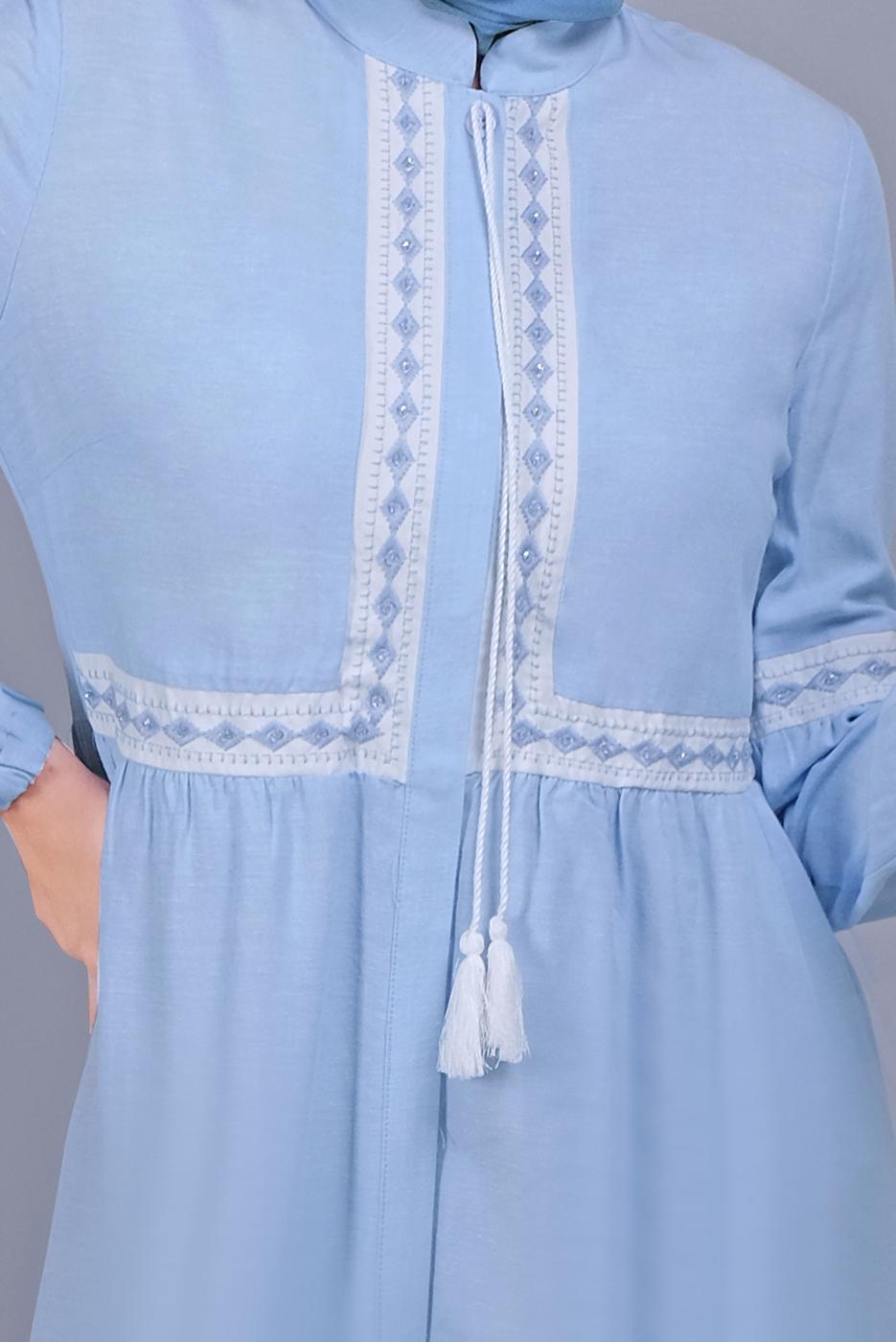 Tesettür giyim MAVİ ALVİNA NAKIŞLI KETEN TUNİK 40779 