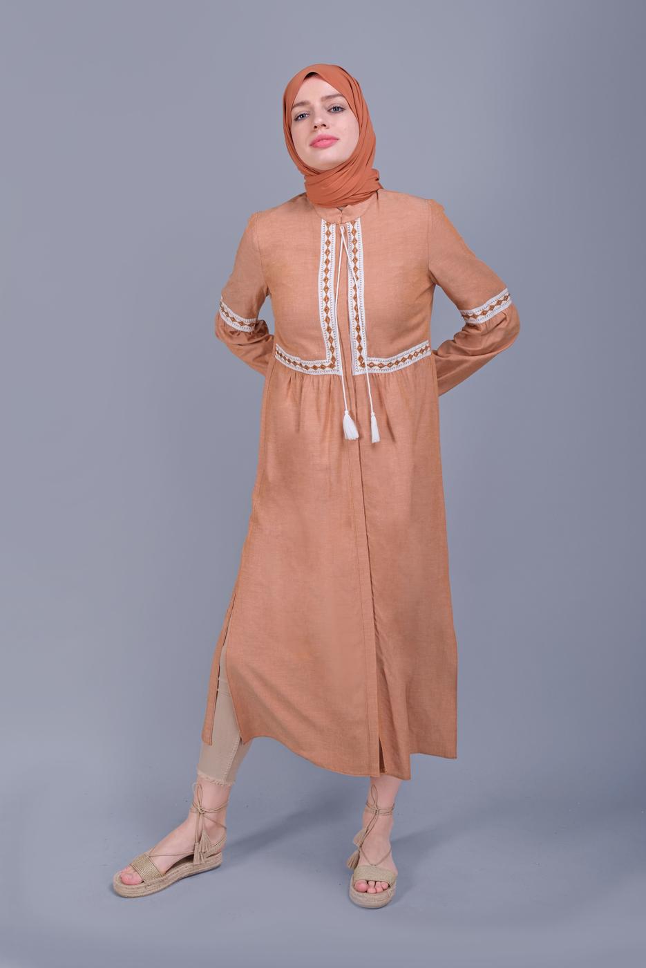 Tesettür giyim TURUNCU ALVİNA NAKIŞLI KETEN TUNİK 40779 