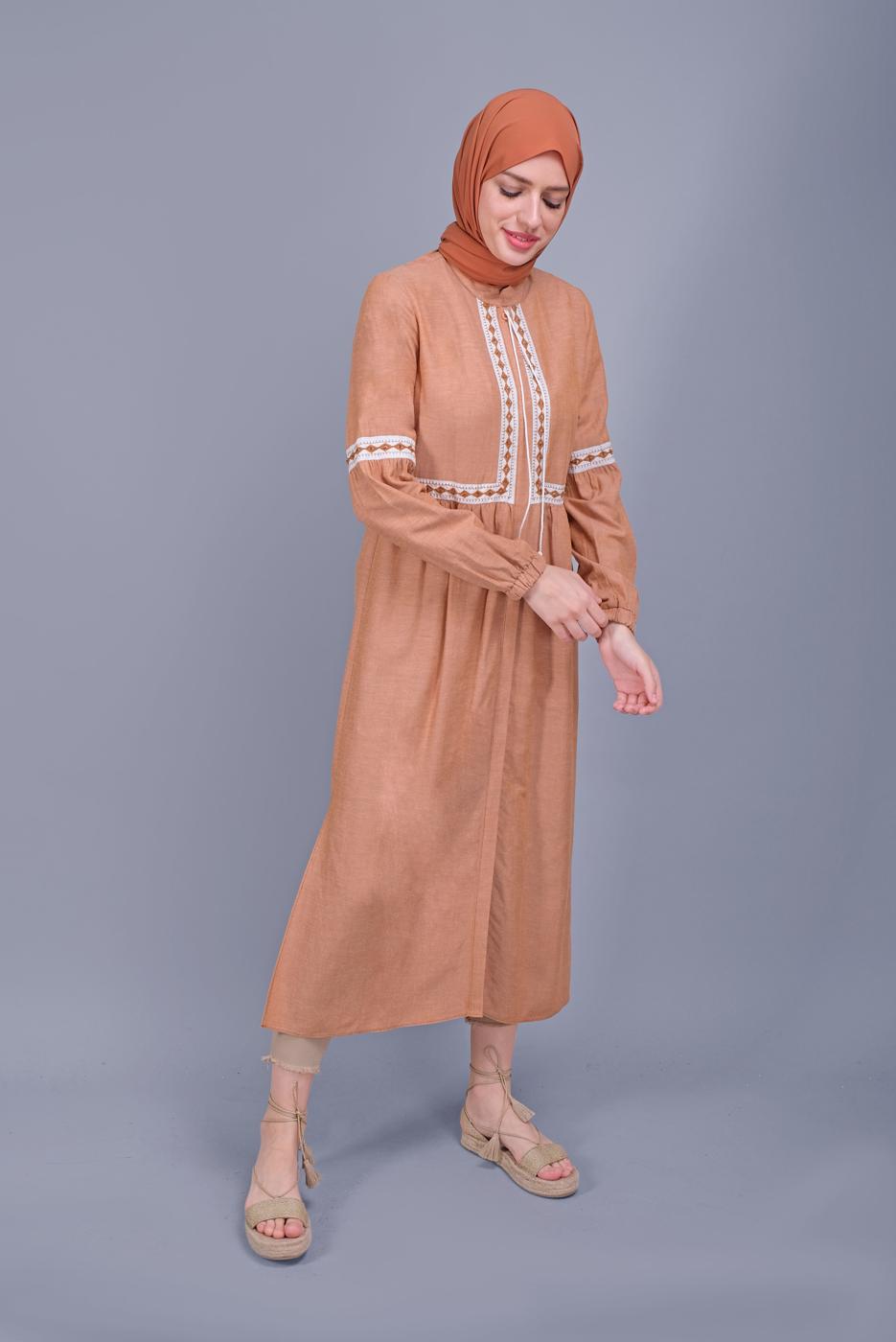 Tesettür giyim TURUNCU ALVİNA NAKIŞLI KETEN TUNİK 40779 
