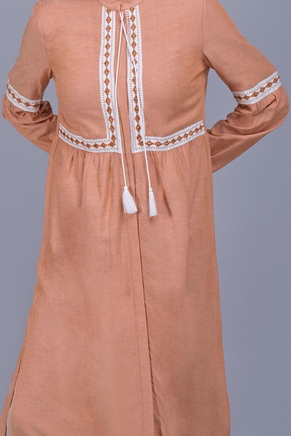 Tesettür giyim TURUNCU ALVİNA NAKIŞLI KETEN TUNİK 40779 