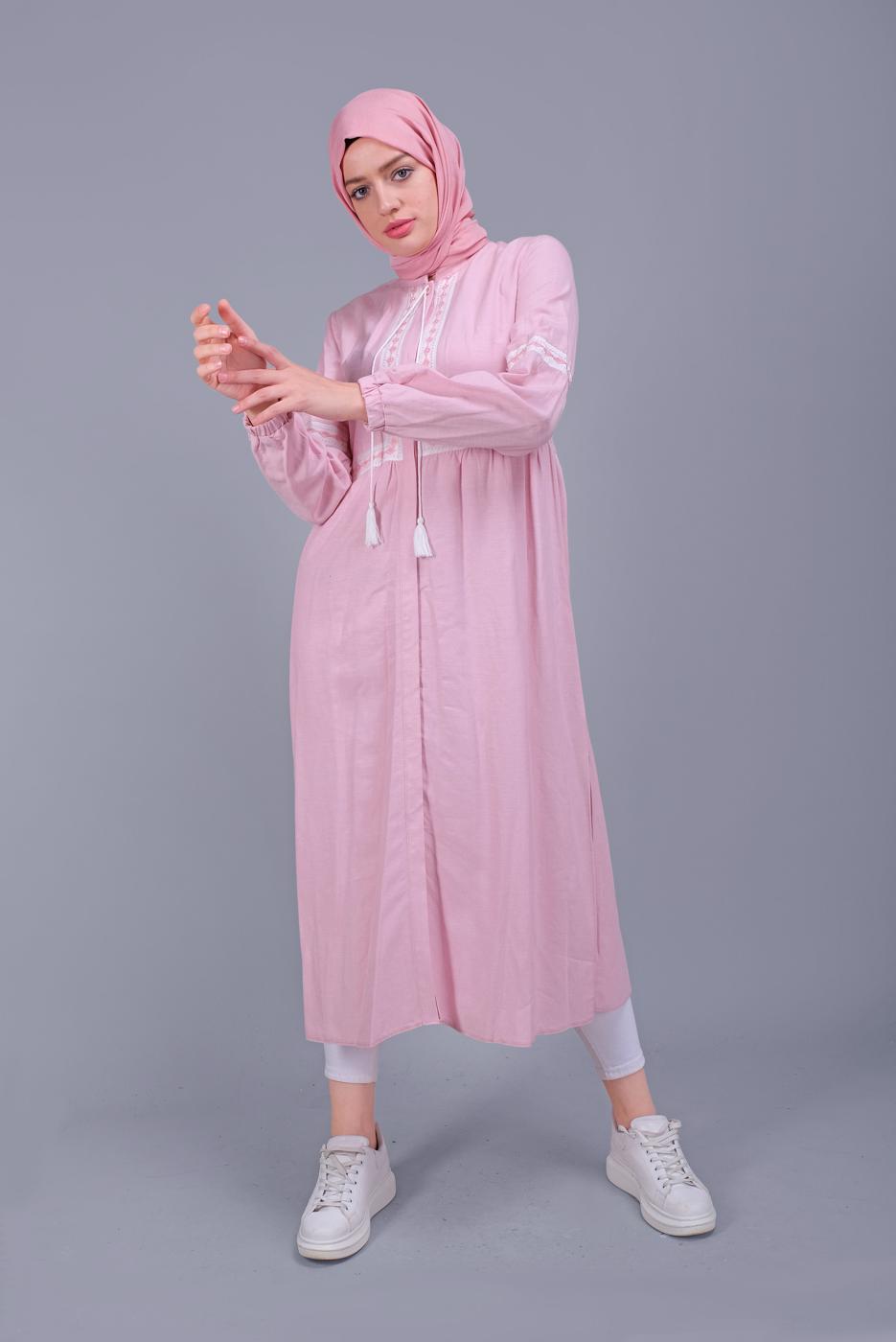 Tesettür giyim PEMBE ALVİNA NAKIŞLI KETEN TUNİK 40779 