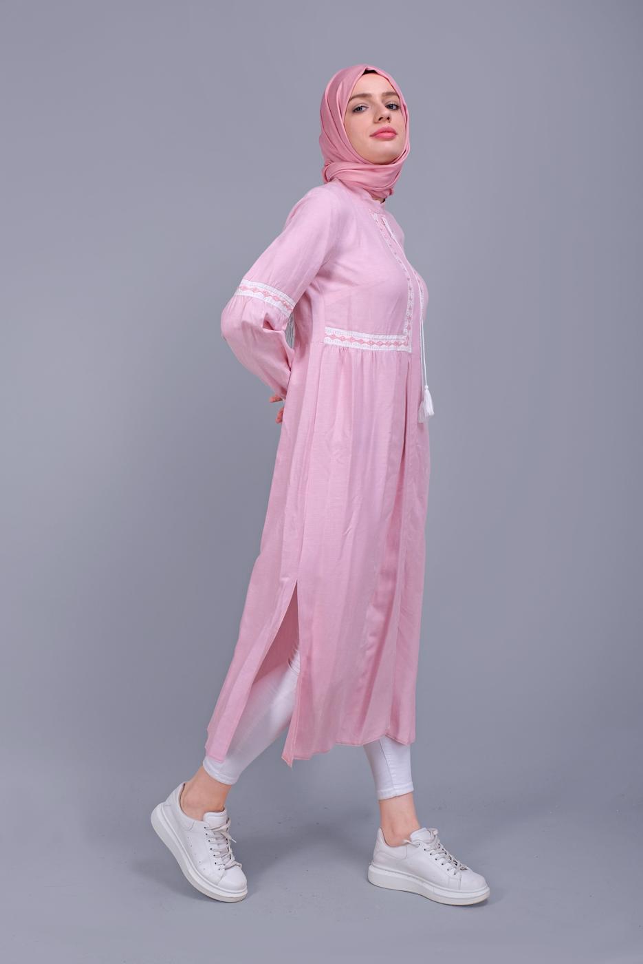 Tesettür giyim PEMBE ALVİNA NAKIŞLI KETEN TUNİK 40779 