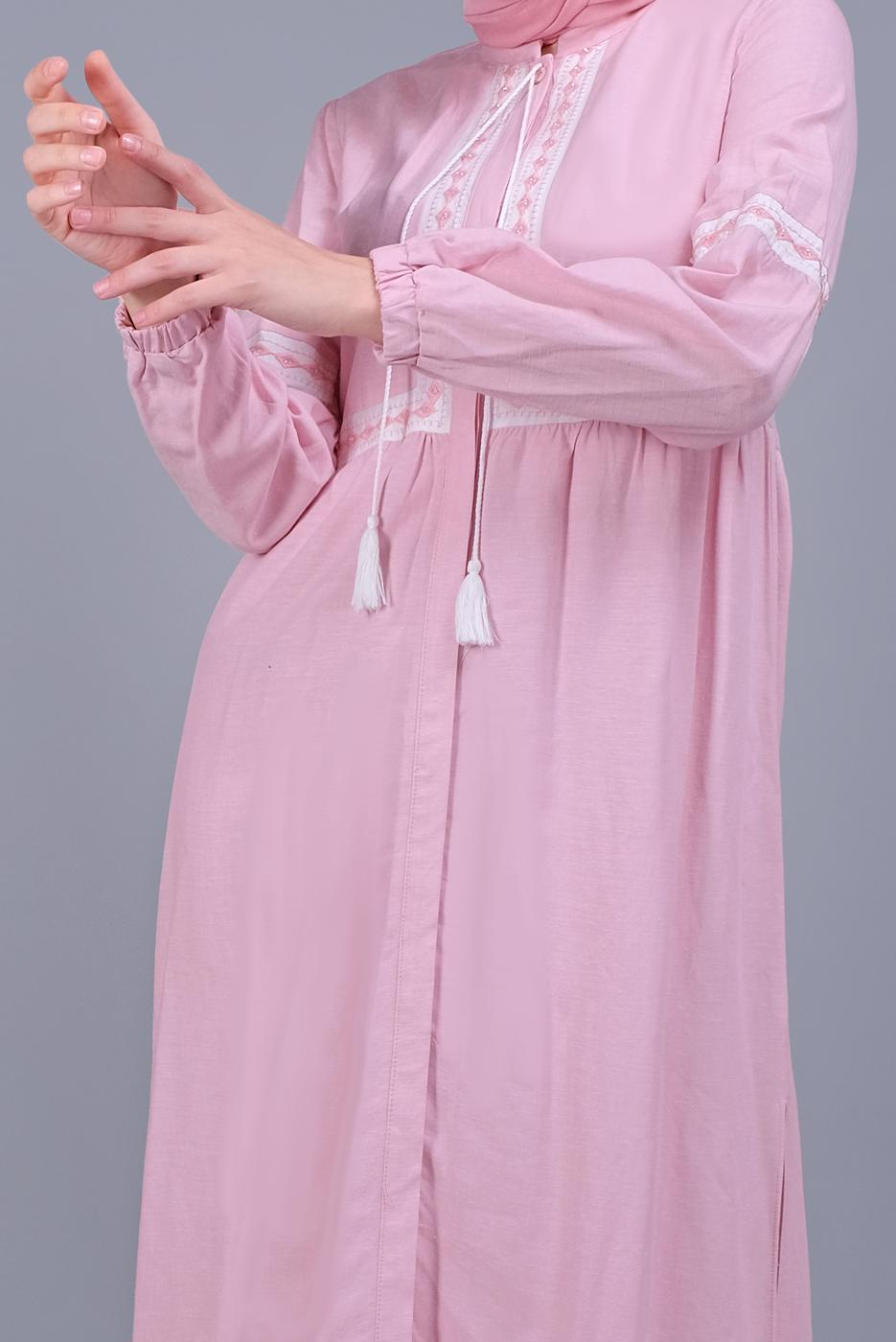 Tesettür giyim PEMBE ALVİNA NAKIŞLI KETEN TUNİK 40779 