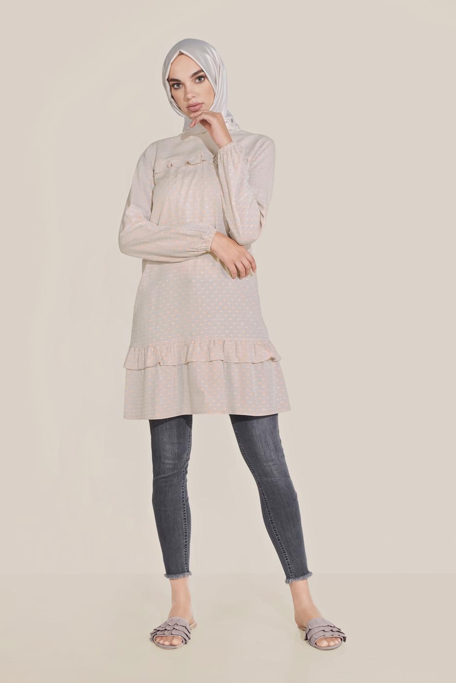 Tesettür giyim BEJ ALVİNA FIRFIRLI VİSKON TUNİK 40822 