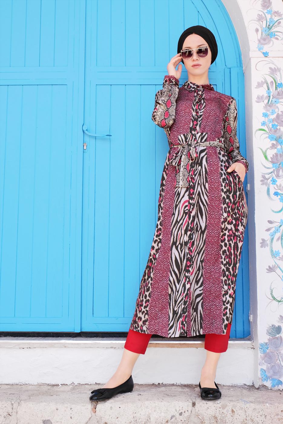 Tesettür giyim KIRMIZI MİX DESENLİ BELDEN BAĞLAMALI TUNİK 4086