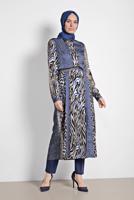 Tesettür giyim LACİVERT MİX DESENLİ BELDEN BAĞLAMALI TUNİK 4086