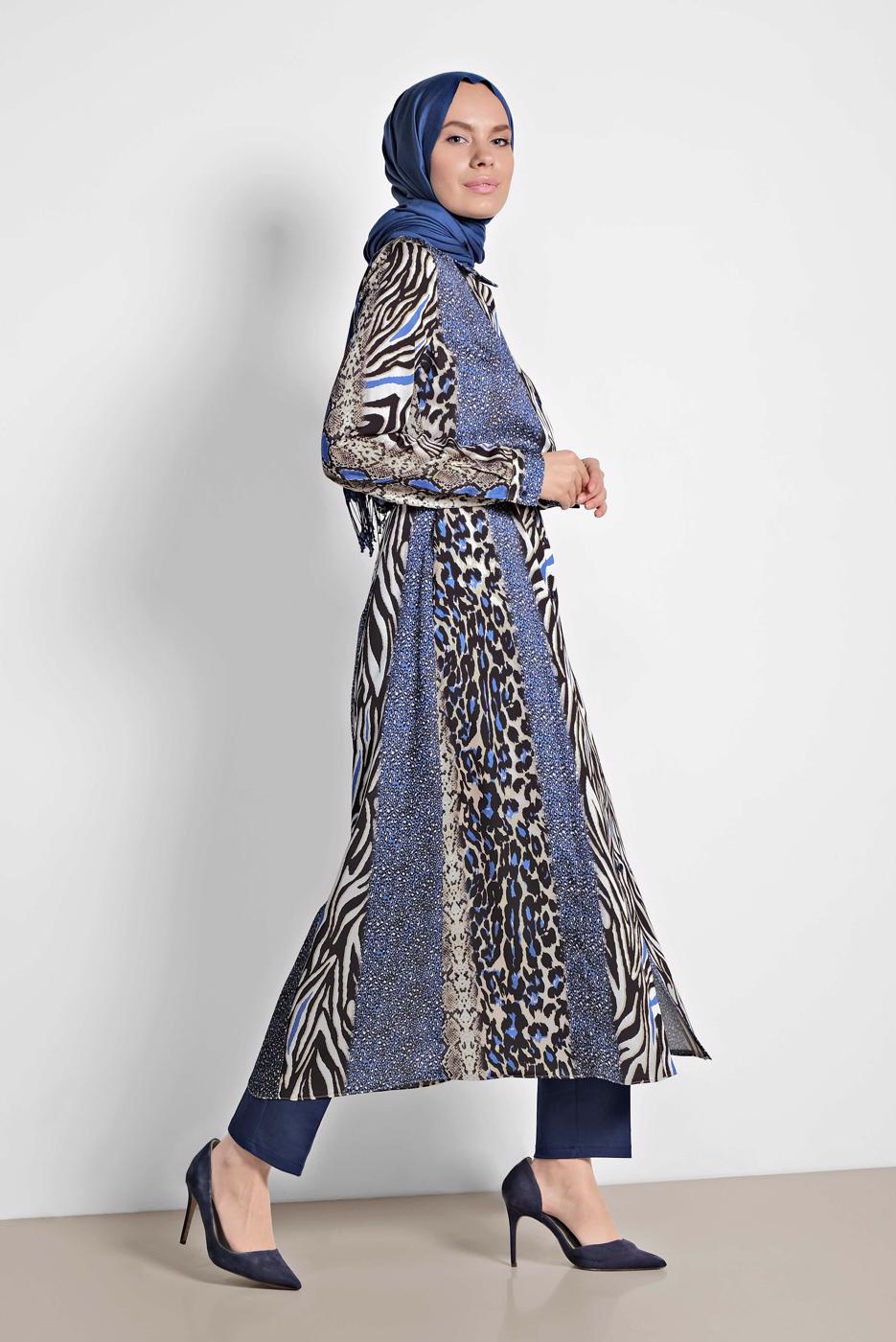 Tesettür giyim LACİVERT MİX DESENLİ BELDEN BAĞLAMALI TUNİK 4086