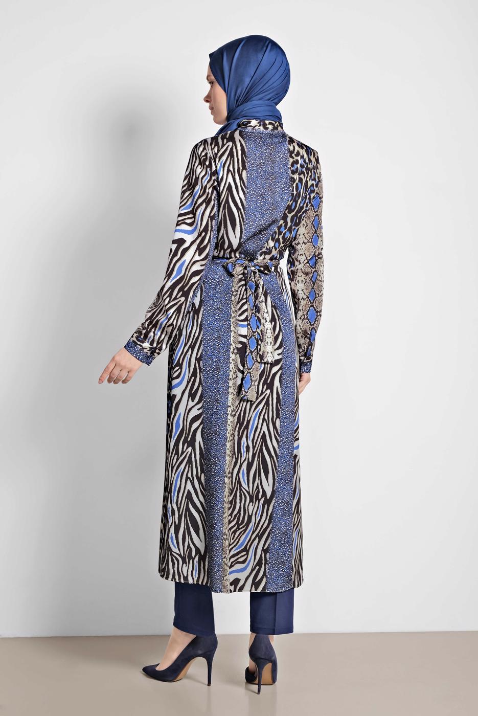 Tesettür giyim LACİVERT MİX DESENLİ BELDEN BAĞLAMALI TUNİK 4086