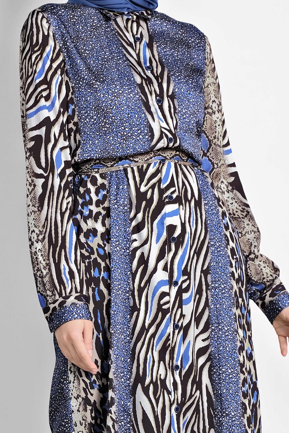 Tesettür giyim LACİVERT MİX DESENLİ BELDEN BAĞLAMALI TUNİK 4086