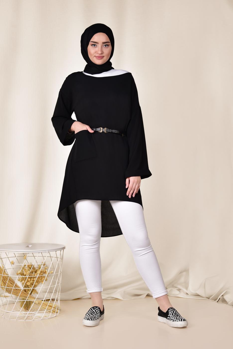 Tesettür giyim SİYAH CEP DETAYLI SALAŞ TUNİK 4110