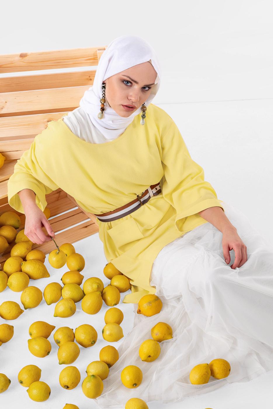 Tesettür giyim SARI CEP DETAYLI SALAŞ TUNİK 4110