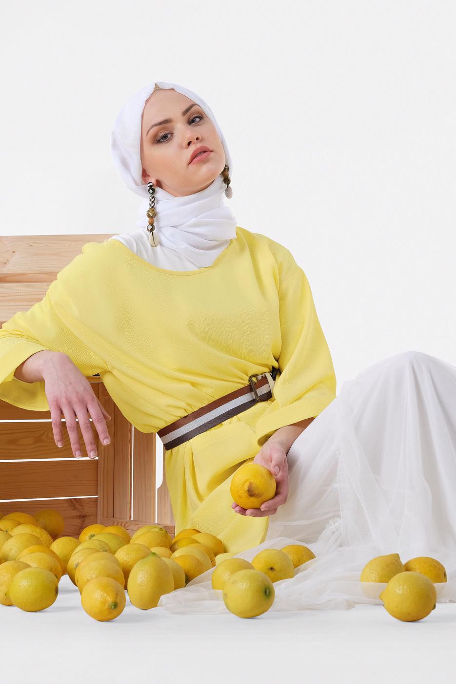 Tesettür giyim SARI CEP DETAYLI SALAŞ TUNİK 4110